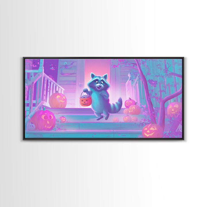 The Raccoon Trick-Or-Treater, Cute Spooky Neon Art, Wide Panoramic Art, Canvas Print, Retro Halloween Decor, Neon Wall Art