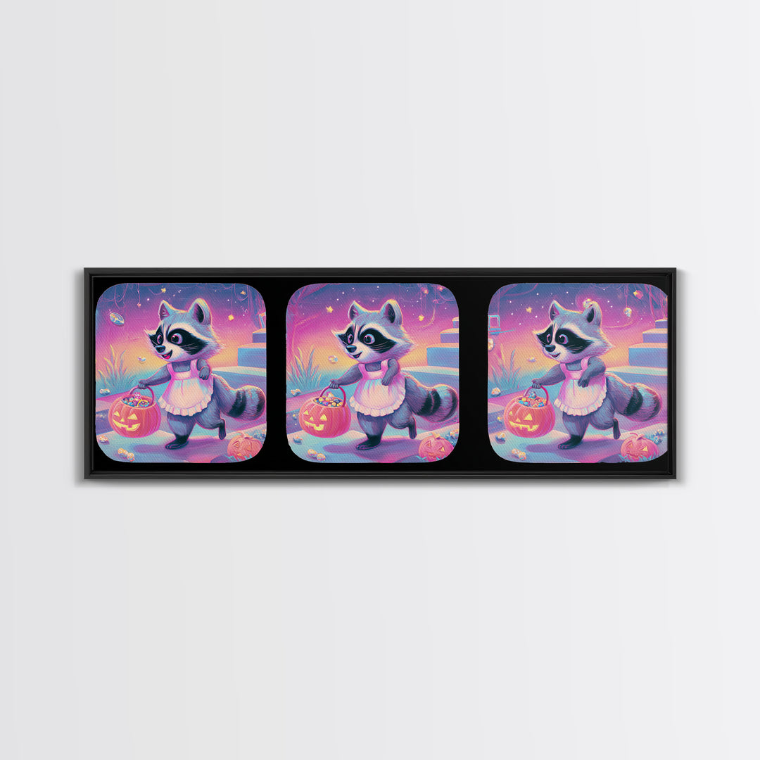 The Raccoon Trick-Or-Treater, Retro Neon Halloween Art, Extra Wide Wall Art, Framed Canvas Print, Retro Halloween Decor, Neon Wall Art