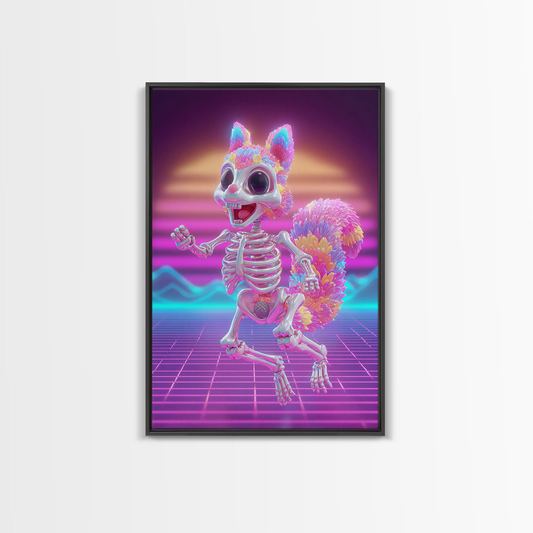 The Squirrel Skeleton, Vaporwave Halloween Decor, Vertical Wall Art, Canvas Print, Retro Halloween Decor, Neon Wall Art