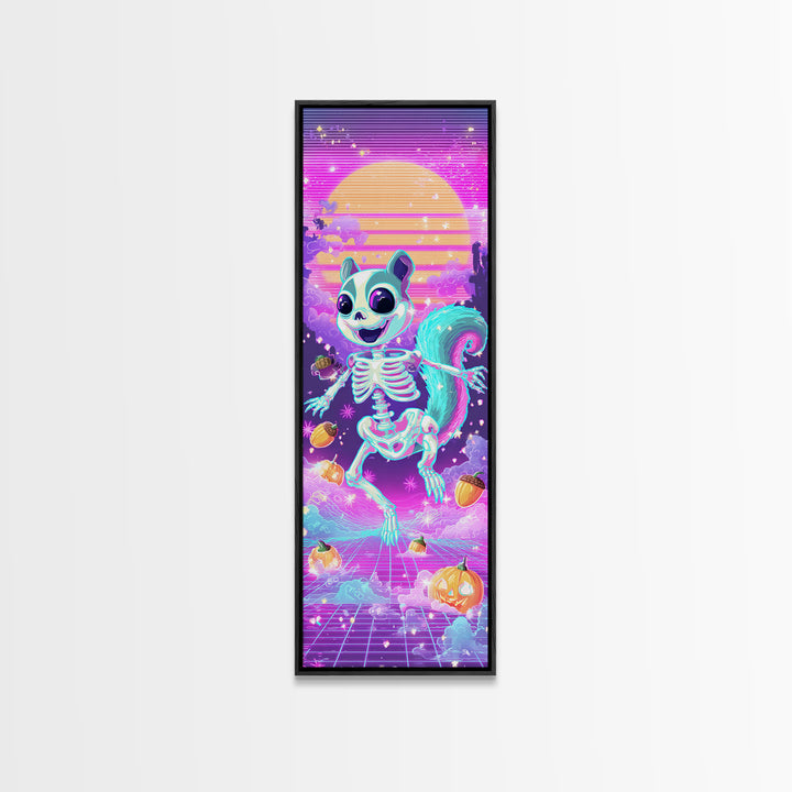 The Squirrel Skeleton, Synthwave Halloween Art, Tall Narrow Wall Art, Framed Canvas Print, Retro Halloween Decor, Neon Wall Art