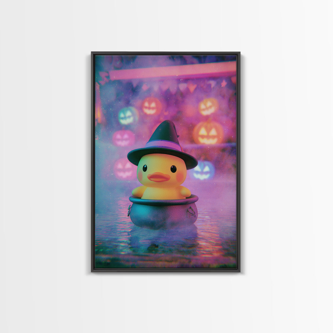 The Duckling Witch, Cute Spooky Neon Art, Vertical Wall Art, Canvas Print, Retro Halloween Decor, Neon Wall Art, Gothic Home Decor