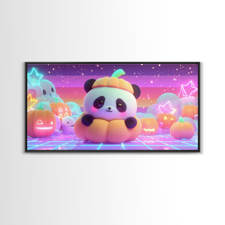The Panda Pumpkin, 80s Halloween Wall Art, Wide Panoramic Art, Framed Canvas Print, Retro Halloween Decor, Neon Wall Art, Dark Fantasy Art