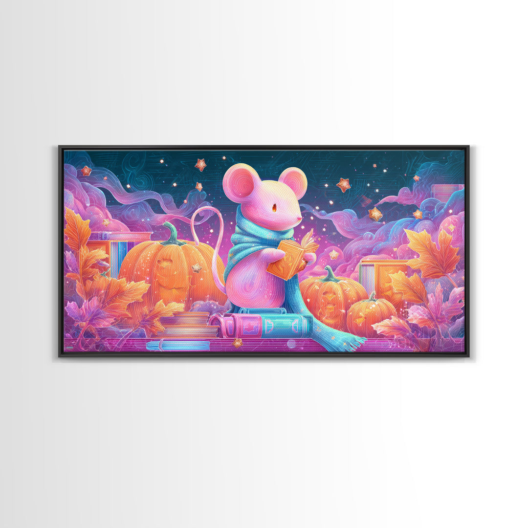 The Magician Mouse, 80s Halloween Wall Art, Wide Panoramic Art, Canvas Print, Retro Halloween Decor, Neon Wall Art, Dark Fantasy Art