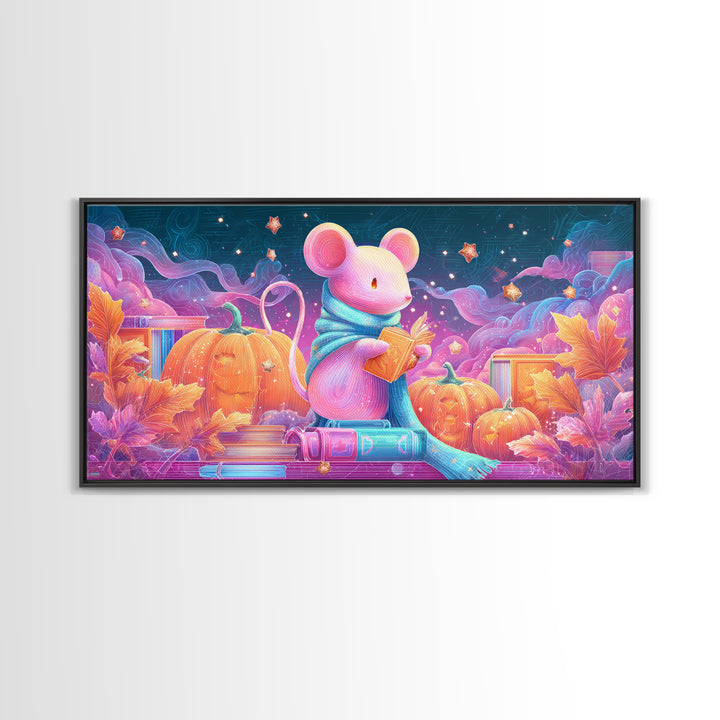 The Magician Mouse, 80s Halloween Wall Art, Wide Panoramic Art, Canvas Print, Retro Halloween Decor, Neon Wall Art, Dark Fantasy Art