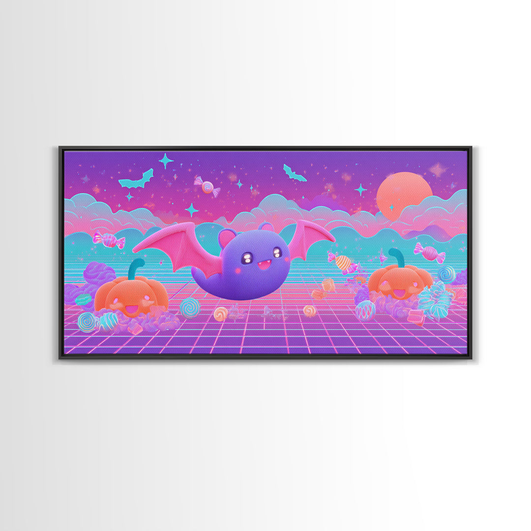 The Bat-Winged Otter, 80s Halloween Wall Art, Wide Panoramic Art, Framed Canvas Print, Retro Halloween Decor, Neon Wall Art