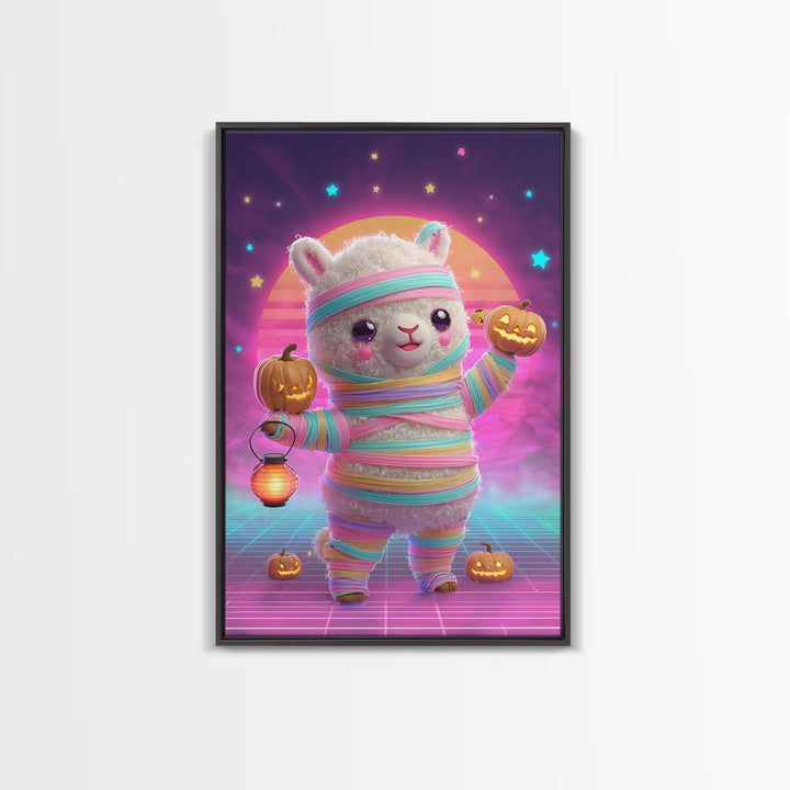 The Llama Mummy, Cute Spooky Neon Art, Vertical Wall Art, Framed Canvas Print, Retro Halloween Decor, Neon Wall Art, Macabre Wall Art