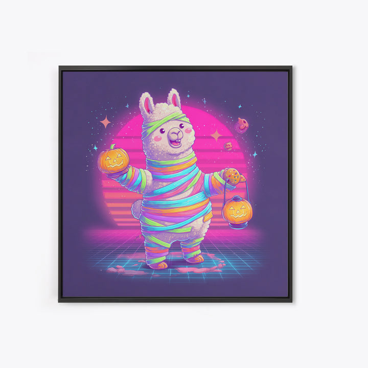 The Llama Mummy, Synthwave Halloween Art, Square Wall Art, Framed Canvas Print, Retro Halloween Decor, Neon Wall Art, Collectible Wall Decor