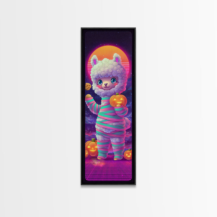 The Llama Mummy, Cute Spooky Neon Art, Tall Narrow Wall Art, Framed Canvas Print, Retro Halloween Decor, Neon Wall Art, Dark Fantasy Art