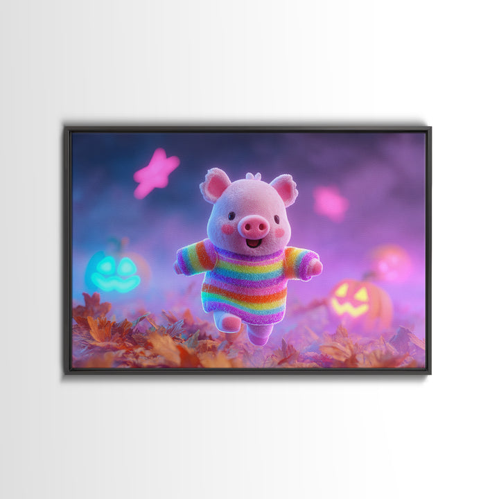 The Candy Corn Piglet, Cute Spooky Neon Art, Landscape Wall Art, Framed Canvas Print, Retro Halloween Decor, Neon Wall Art