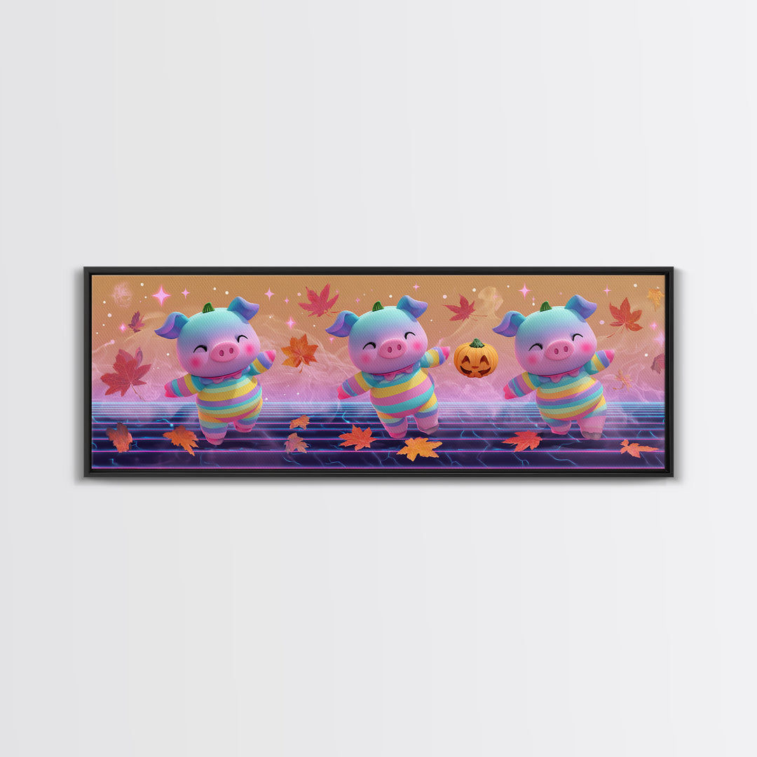 The Candy Corn Piglet, Synthwave Halloween Art, Extra Wide Wall Art, Framed Canvas Print, Retro Halloween Decor, Neon Wall Art