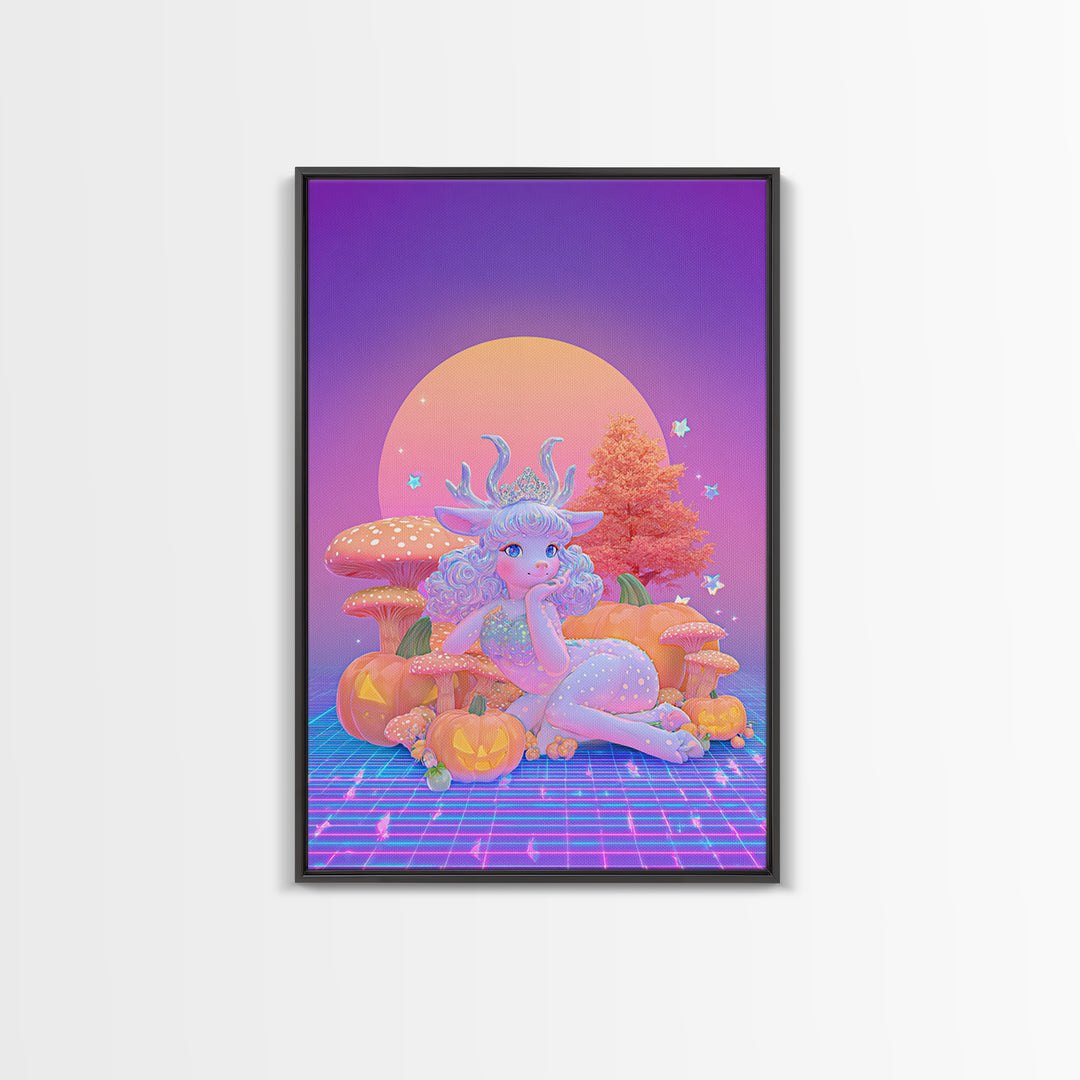 The Moon Princess Deer, Synthwave Halloween Art, Vertical Wall Art, Framed Canvas Print, Retro Halloween Decor, Neon Wall Art