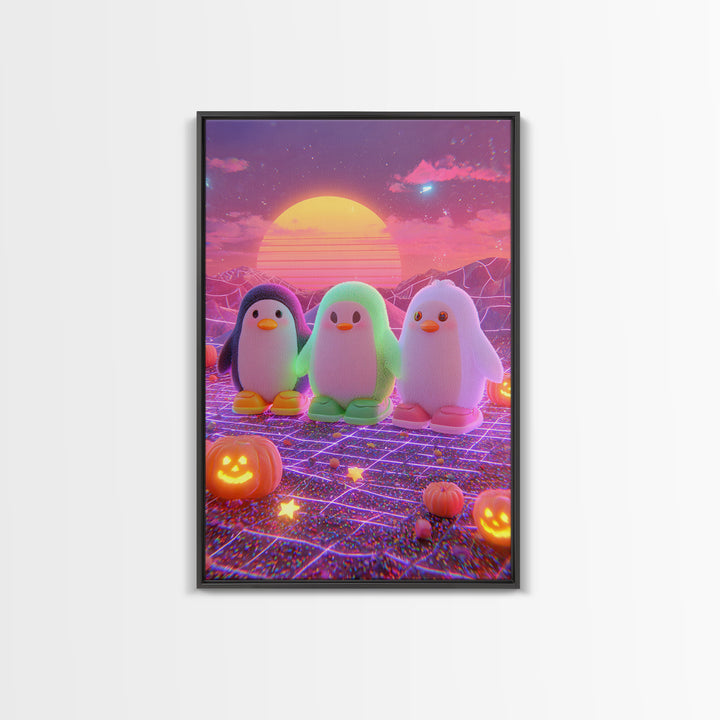 The Penguin Monster, Cute Spooky Neon Art, Vertical Wall Art, Framed Canvas Print, Retro Halloween Decor, Neon Wall Art, Gothic Home Decor