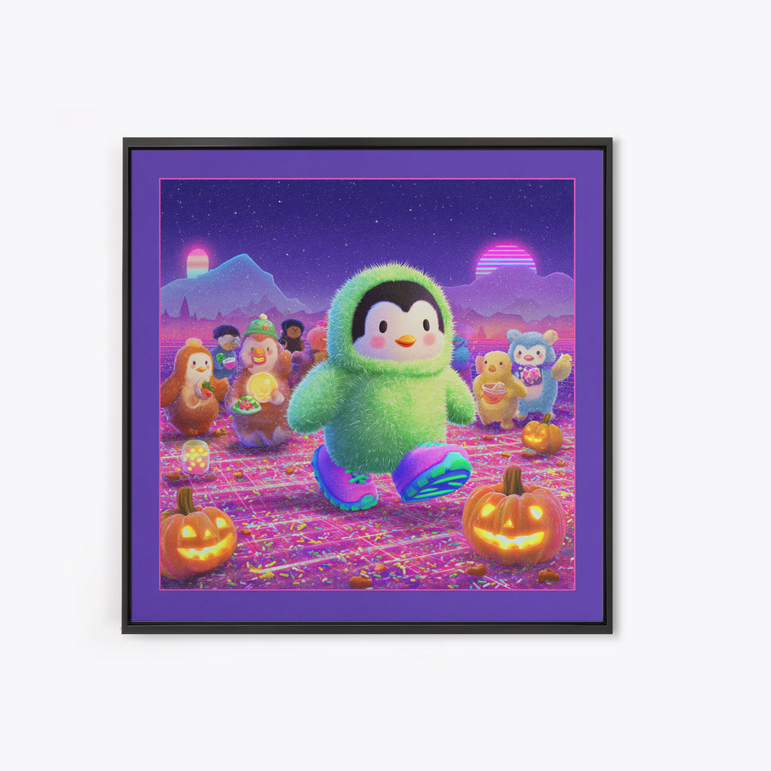 The Penguin Monster, Vaporwave Halloween Decor, Square Wall Art, Canvas Print, Retro Halloween Decor, Neon Wall Art, Gothic Home Decor