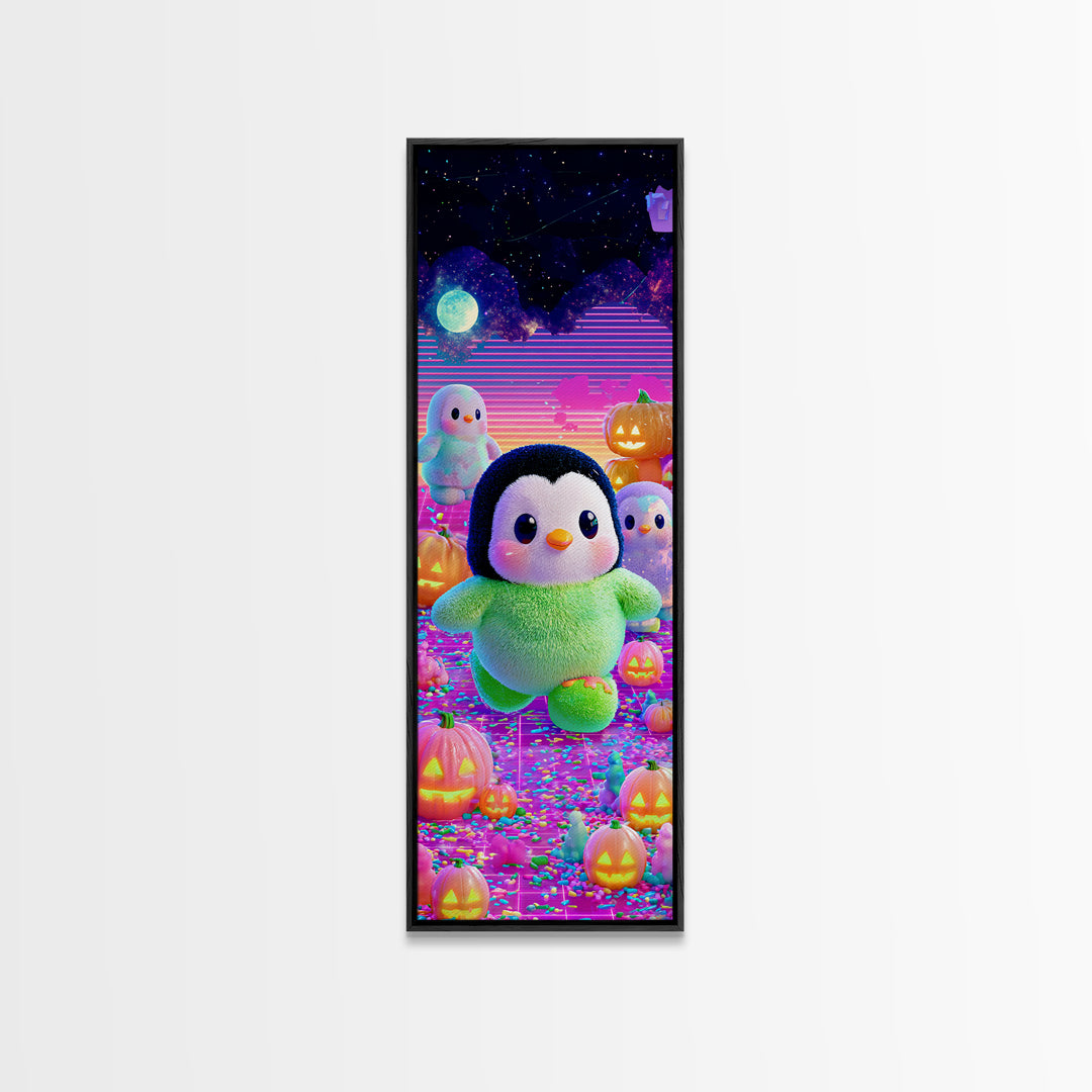 The Penguin Monster, Cute Spooky Neon Art, Tall Narrow Wall Art, Canvas Print, Retro Halloween Decor, Neon Wall Art, Spooky Wall Decor
