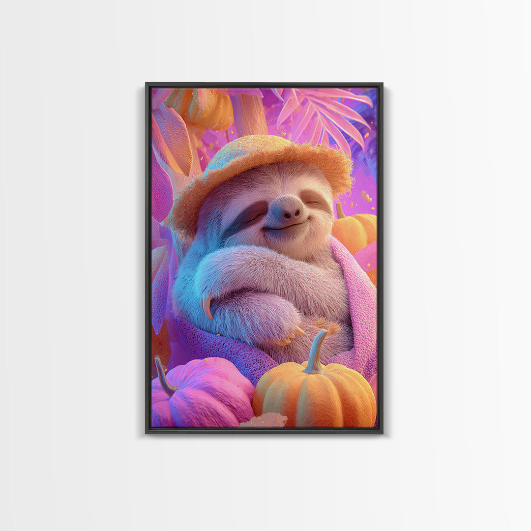 The Scarecrow Sloth, 80s Halloween Wall Art, Vertical Wall Art, Canvas Print, Retro Halloween Decor, Neon Wall Art, Gothic Home Decor