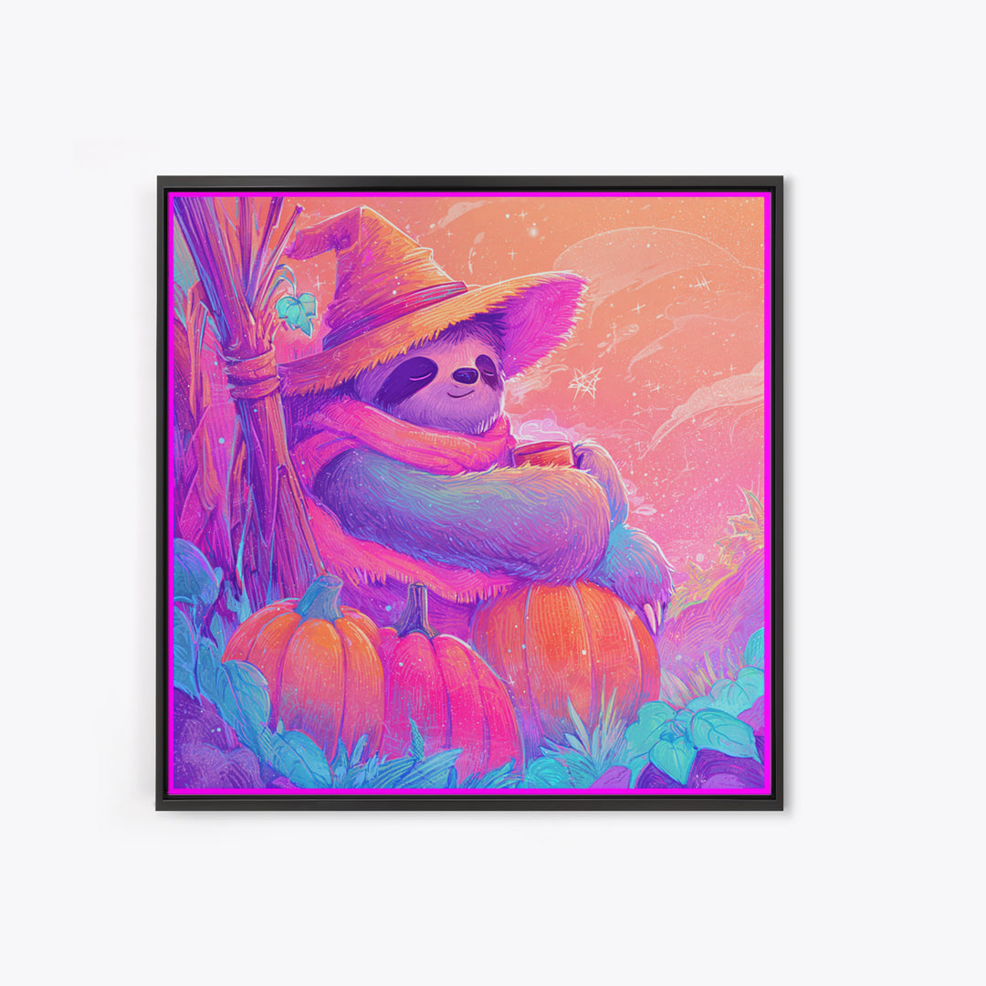 The Scarecrow Sloth, Cute Spooky Neon Art, Square Wall Art, Framed Canvas Print, Retro Halloween Decor, Neon Wall Art, Spooky Wall Decor