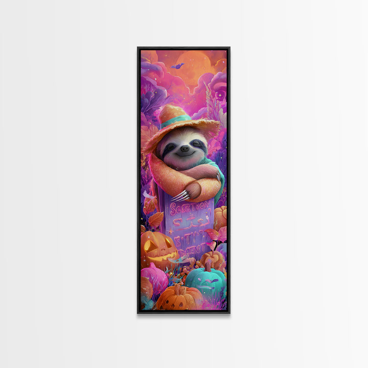 The Scarecrow Sloth, 80s Halloween Wall Art, Tall Narrow Wall Art, Canvas Print, Retro Halloween Decor, Neon Wall Art, Horror Wall Art