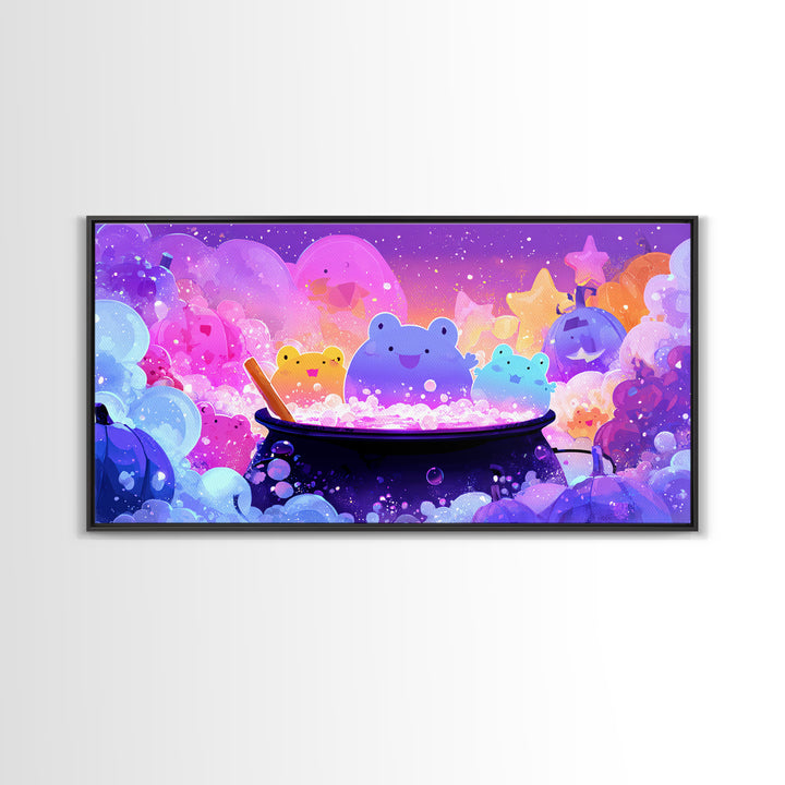 The Cauldron Frog, 80s Halloween Wall Art, Wide Panoramic Art, Canvas Print, Retro Halloween Decor, Neon Wall Art, Seasonal Home Decor