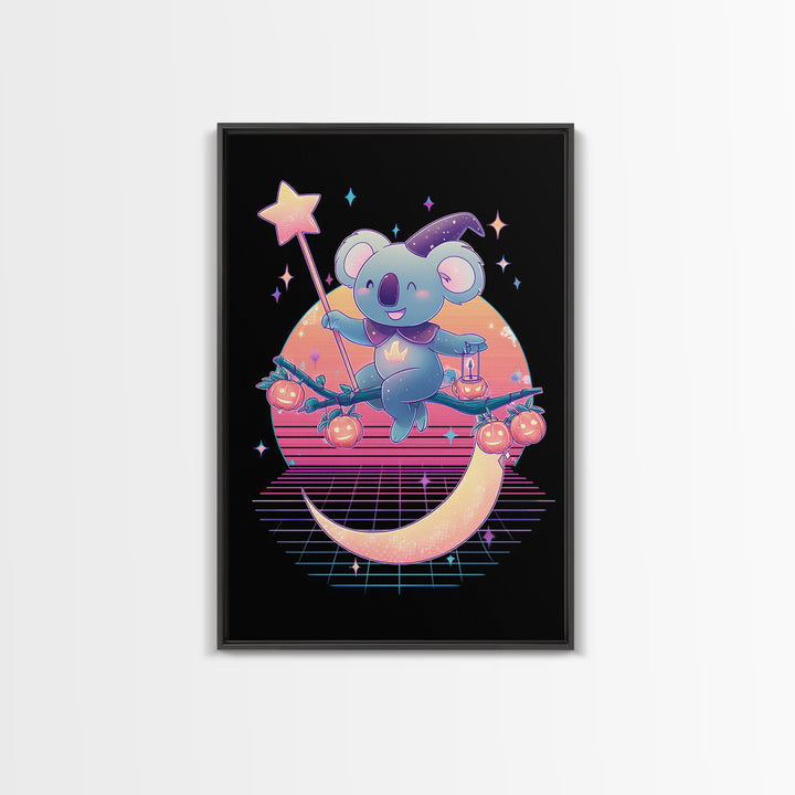 The Koala Wizard, Retro Neon Halloween Art, Vertical Wall Art, Canvas Print, Retro Halloween Decor, Neon Wall Art, Statement Wall Art