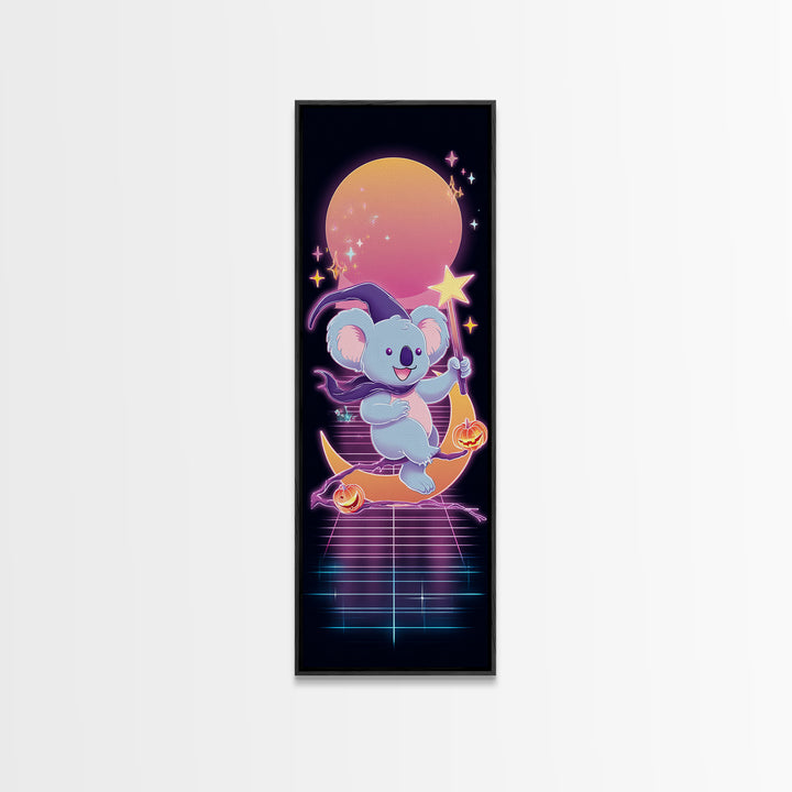 The Koala Wizard, Synthwave Halloween Art, Tall Narrow Wall Art, Canvas Print, Retro Halloween Decor, Neon Wall Art, Spooky Wall Decor
