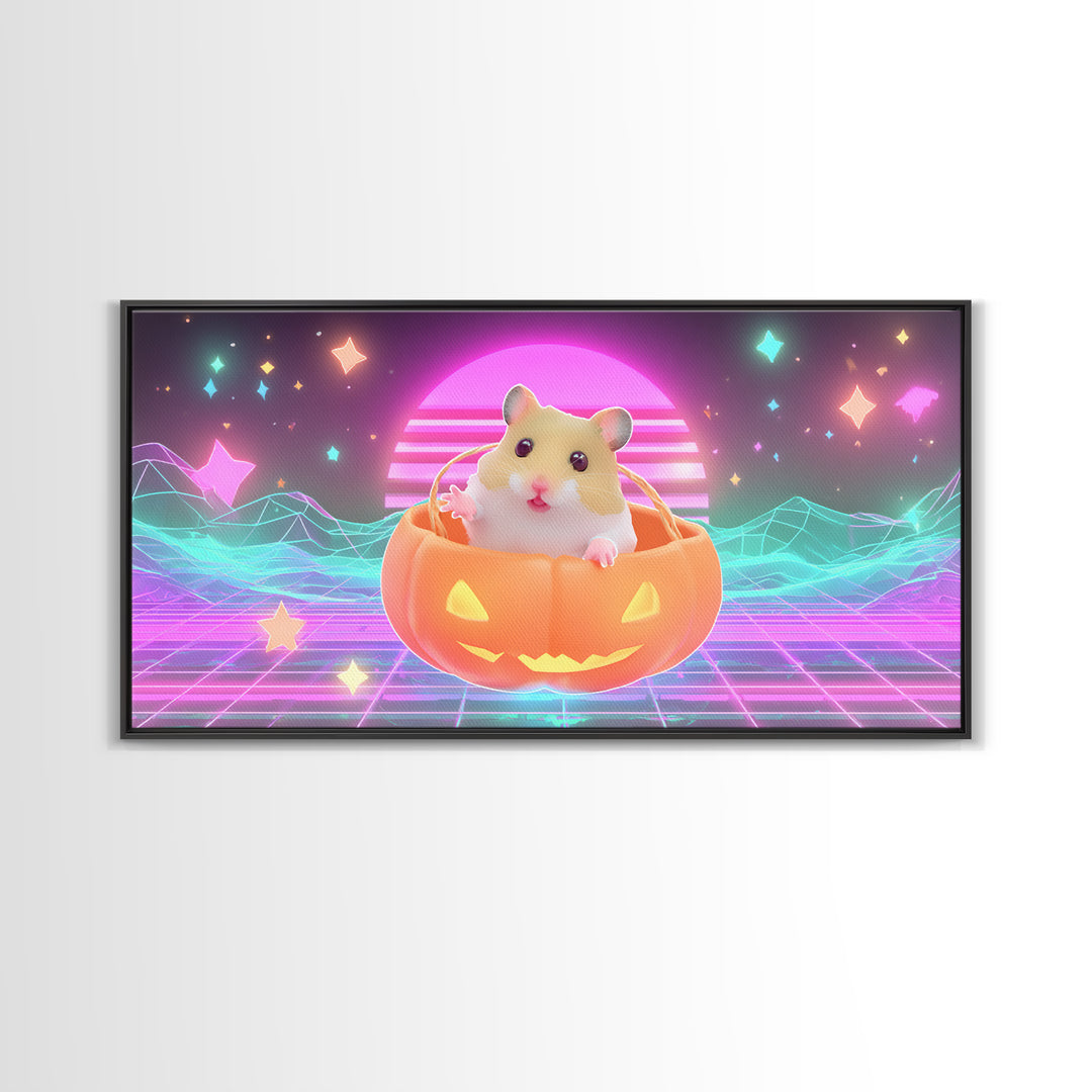 The Pumpkin Hamster, Retro Neon Halloween Art, Wide Panoramic Art, Framed Canvas Print, Retro Halloween Decor, Neon Wall Art