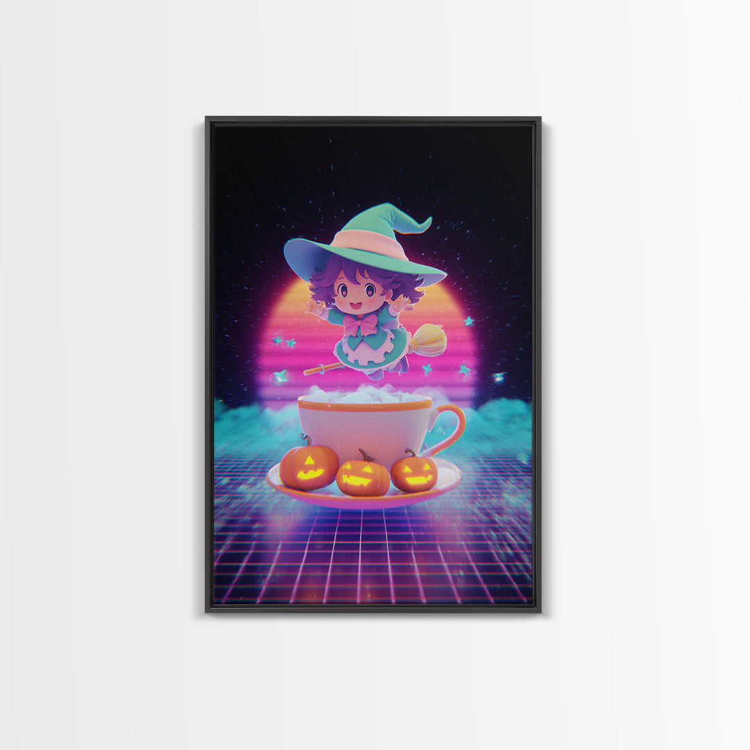 The Teacup Witch, Cute Spooky Neon Art, Vertical Wall Art, Framed Canvas Print, Retro Halloween Decor, Neon Wall Art, Seasonal Home Decor