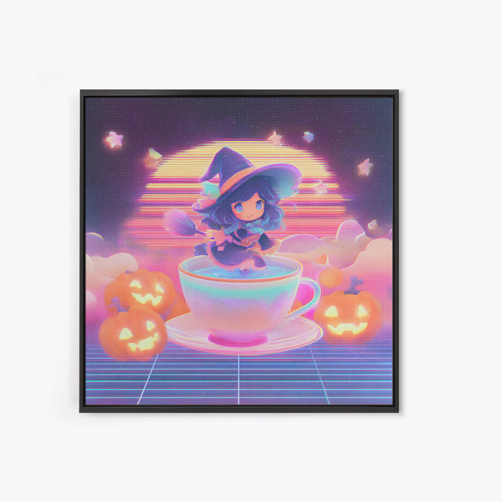 The Teacup Witch, Retro Neon Halloween Art, Square Wall Art, Framed Canvas Print, Retro Halloween Decor, Neon Wall Art
