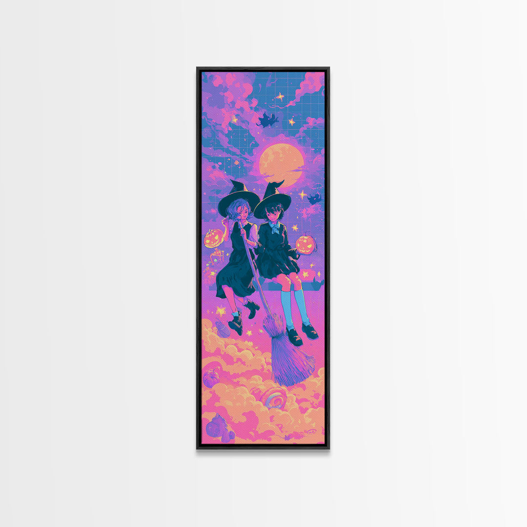The Twin Broomstick Witches, Cute Spooky Neon Art, Tall Narrow Wall Art, Canvas Print, Retro Halloween Decor, Neon Wall Art
