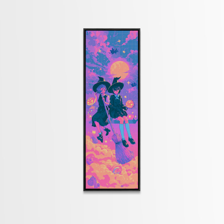 The Twin Broomstick Witches, Cute Spooky Neon Art, Tall Narrow Wall Art, Canvas Print, Retro Halloween Decor, Neon Wall Art