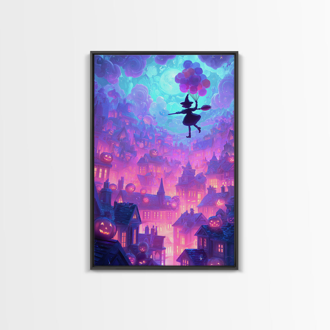 The Witch With A Balloon Broom, Cute Spooky Neon Art, Vertical Wall Art, Framed Canvas Print, Retro Halloween Decor, Neon Wall Art