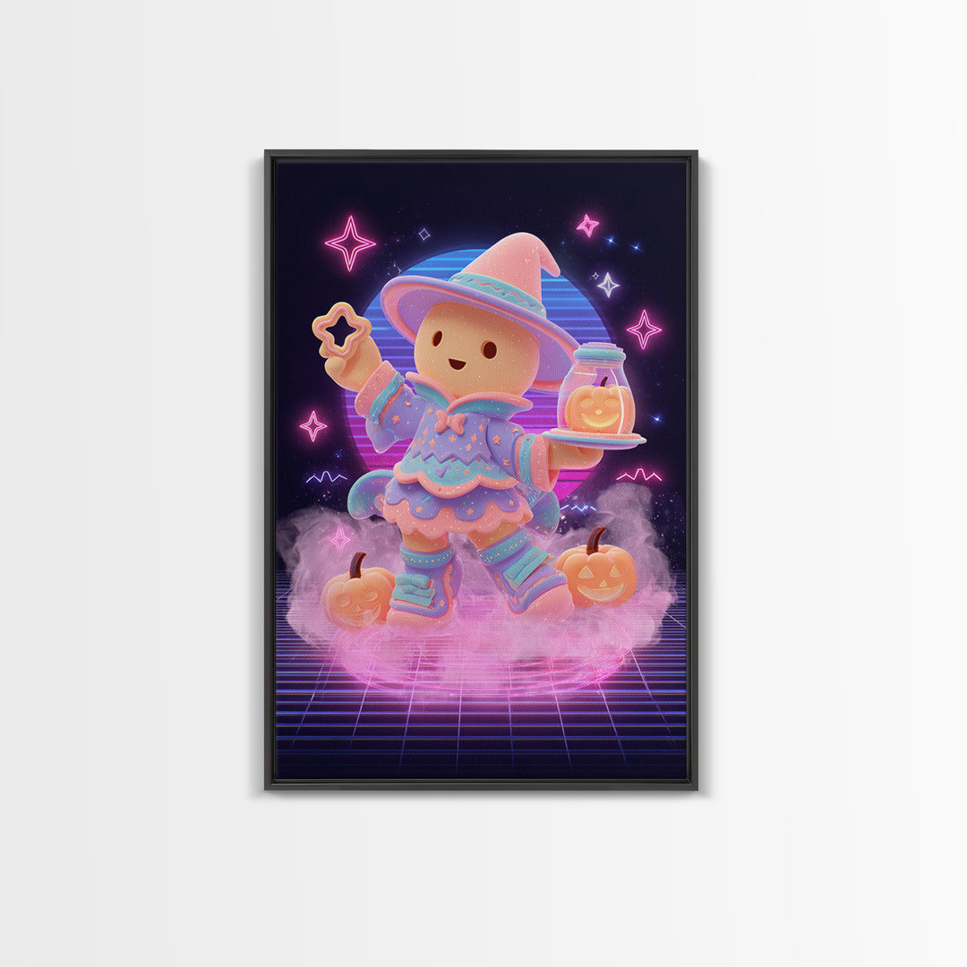 The Cookie Spellcaster, Cute Spooky Neon Art, Vertical Wall Art, Canvas Print, Retro Halloween Decor, Neon Wall Art, Collectible Wall Decor