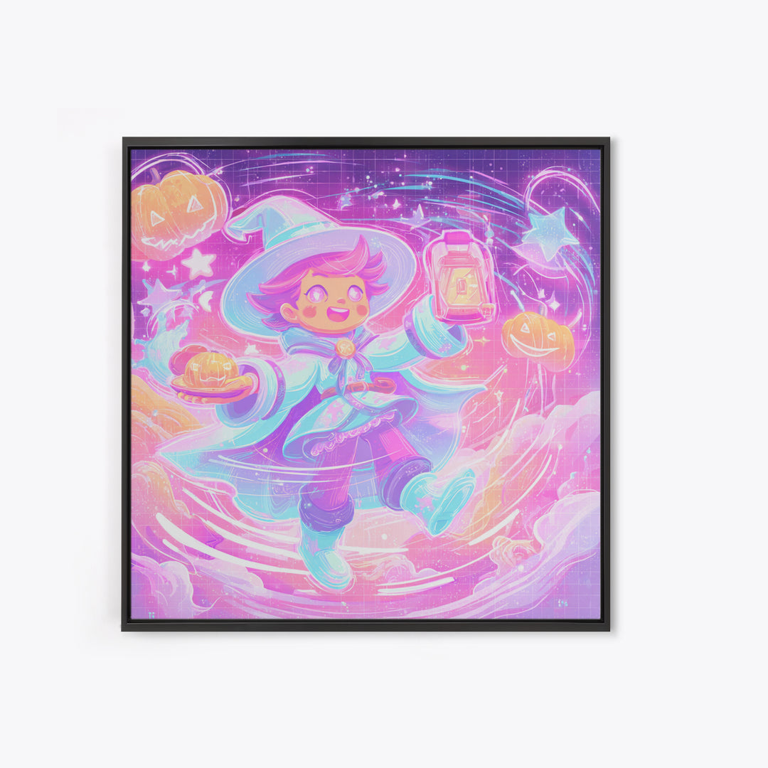 The Cookie Spellcaster, Cute Spooky Neon Art, Square Wall Art, Canvas Print, Retro Halloween Decor, Neon Wall Art, Collectible Wall Decor