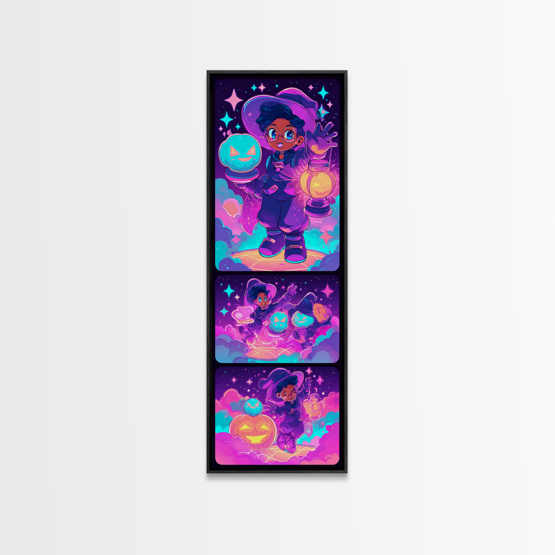 The Cookie Spellcaster, 80s Halloween Wall Art, Tall Narrow Wall Art, Framed Canvas Print, Retro Halloween Decor, Neon Wall Art