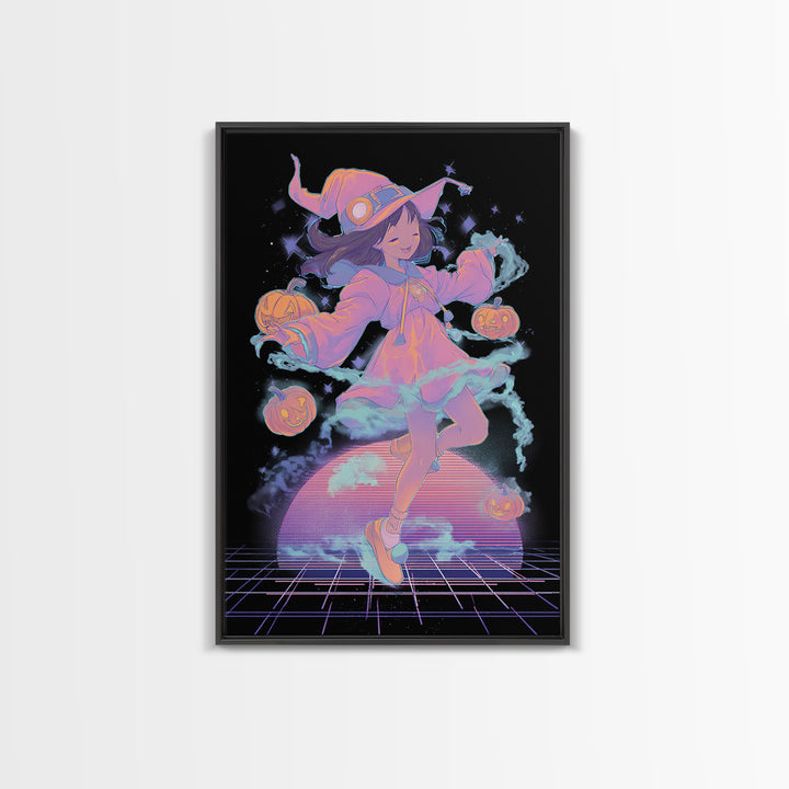 The Moonlight Pajama Witch, Vaporwave Halloween Decor, Vertical Wall Art, Canvas Print, Retro Halloween Decor, Neon Wall Art