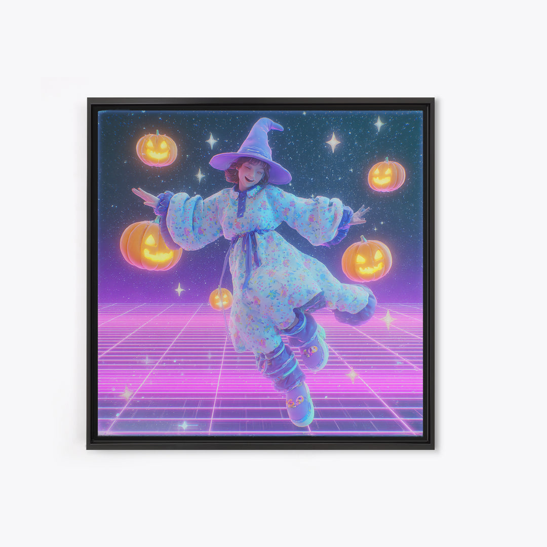 The Moonlight Pajama Witch, Synthwave Halloween Art, Square Wall Art, Canvas Print, Retro Halloween Decor, Neon Wall Art