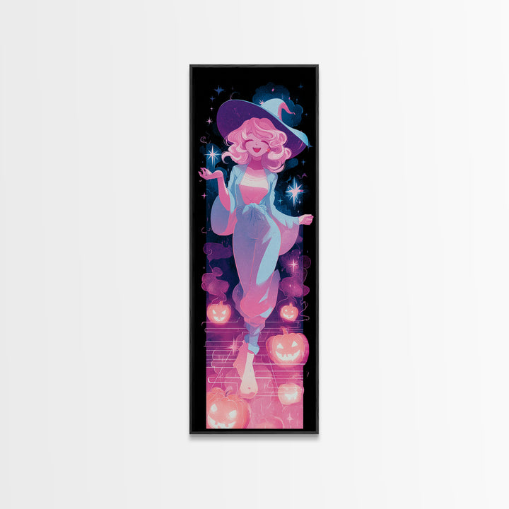 The Moonlight Pajama Witch, Cute Spooky Neon Art, Tall Narrow Wall Art, Framed Canvas Print, Retro Halloween Decor, Neon Wall Art