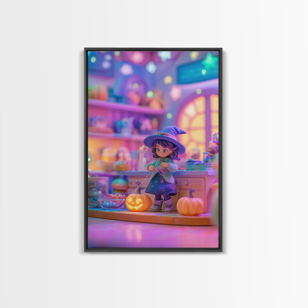 The Tiny Hat Shop Witch, Synthwave Halloween Art, Vertical Wall Art, Framed Canvas Print, Retro Halloween Decor, Neon Wall Art