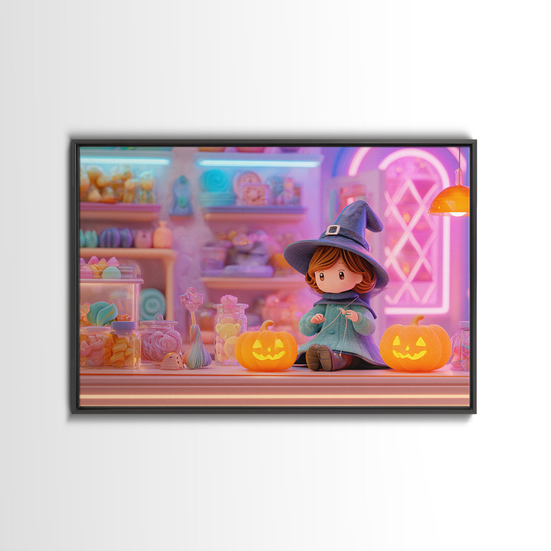 The Tiny Hat Shop Witch, Vaporwave Halloween Decor, Landscape Wall Art, Framed Canvas Print, Retro Halloween Decor, Neon Wall Art