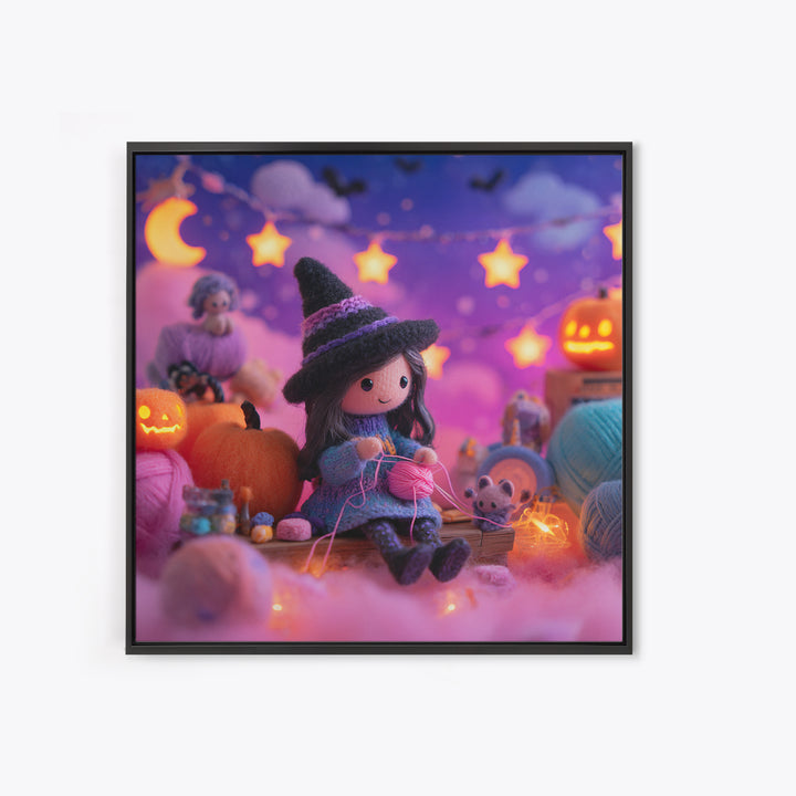 The Tiny Hat Shop Witch, Synthwave Halloween Art, Square Wall Art, Framed Canvas Print, Retro Halloween Decor, Neon Wall Art