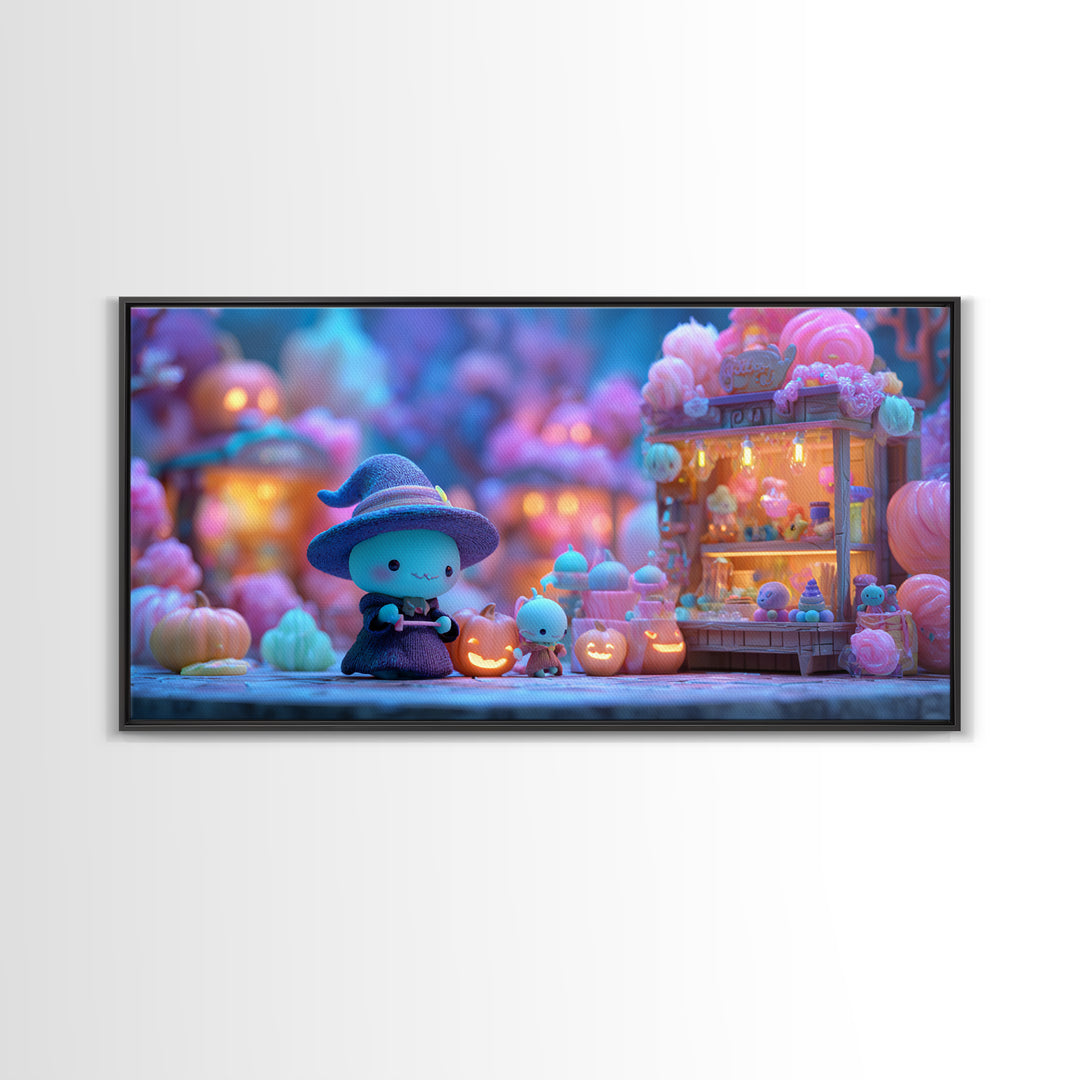 The Tiny Hat Shop Witch, Retro Neon Halloween Art, Wide Panoramic Art, Framed Canvas Print, Retro Halloween Decor, Neon Wall Art