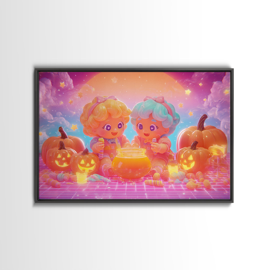 The Pumpkin Potion Twins, Cute Spooky Neon Art, Landscape Wall Art, Canvas Print, Retro Halloween Decor, Neon Wall Art