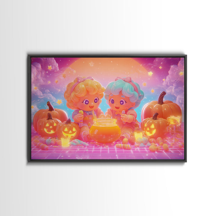 The Pumpkin Potion Twins, Cute Spooky Neon Art, Landscape Wall Art, Canvas Print, Retro Halloween Decor, Neon Wall Art