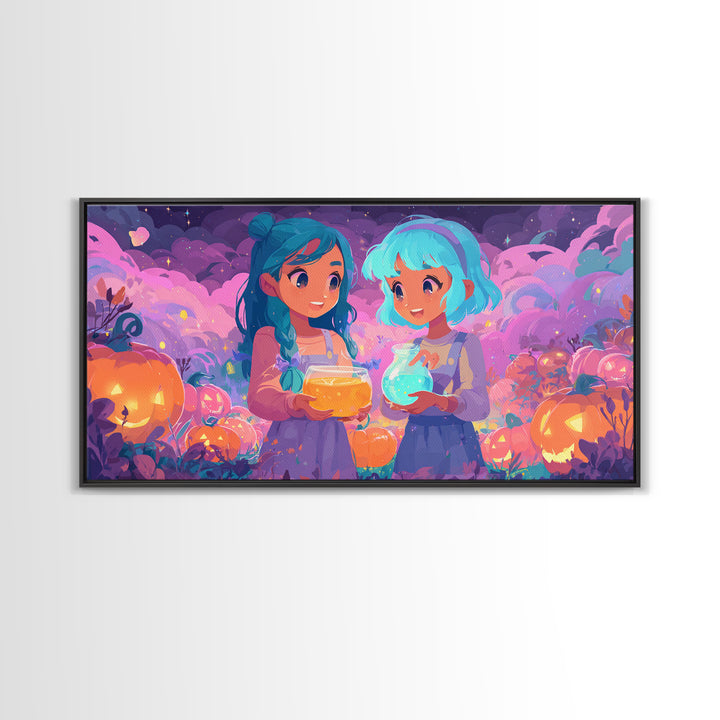 The Pumpkin Potion Twins, 80s Halloween Wall Art, Wide Panoramic Art, Canvas Print, Retro Halloween Decor, Neon Wall Art, Spooky Wall Decor