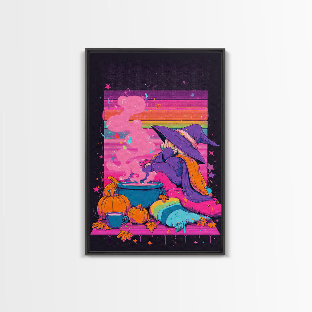 The Rainbow-Cauldron Witch, Vaporwave Halloween Decor, Vertical Wall Art, Canvas Print, Retro Halloween Decor, Neon Wall Art