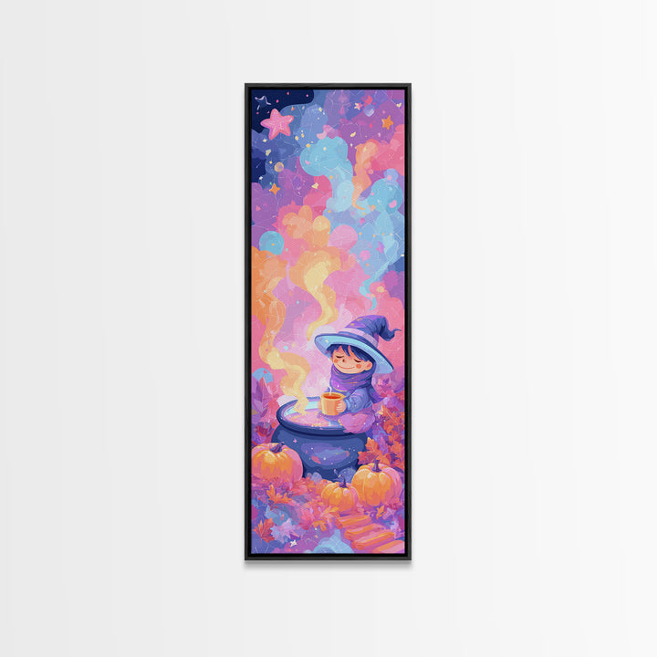 The Rainbow-Cauldron Witch, Retro Neon Halloween Art, Tall Narrow Wall Art, Framed Canvas Print, Retro Halloween Decor, Neon Wall Art