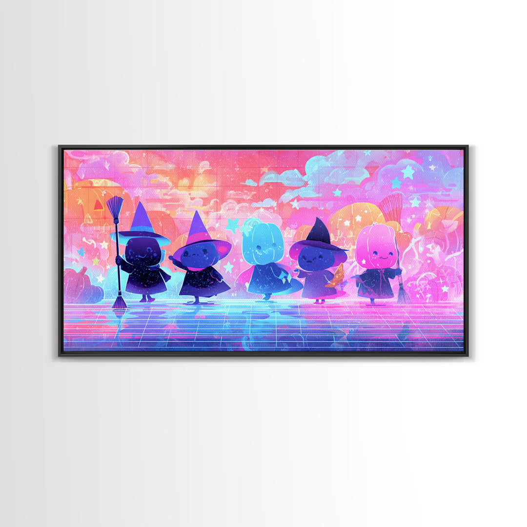 The Stardust Apprentice, Vaporwave Halloween Decor, Wide Panoramic Art, Canvas Print, Retro Halloween Decor, Neon Wall Art