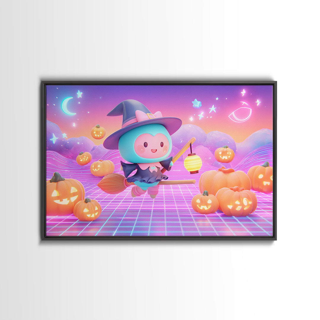 The Broomstick Riding Lesson, Synthwave Halloween Art, Landscape Wall Art, Canvas Print, Retro Halloween Decor, Neon Wall Art