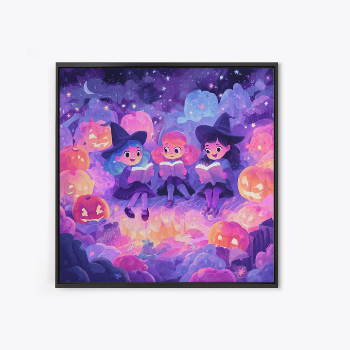 The Spellbook Sleepover, Retro Neon Halloween Art, Square Wall Art, Canvas Print, Retro Halloween Decor, Neon Wall Art, Statement Wall Art