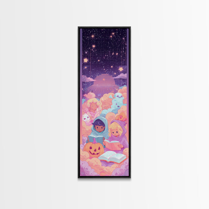 The Spellbook Sleepover, 80s Halloween Wall Art, Tall Narrow Wall Art, Canvas Print, Retro Halloween Decor, Neon Wall Art, Macabre Wall Art