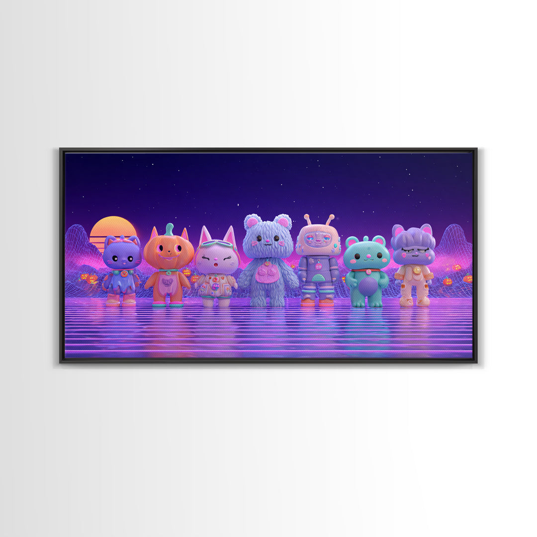 The Friendly Familiar Club, 80s Halloween Wall Art, Wide Panoramic Art, Canvas Print, Retro Halloween Decor, Neon Wall Art